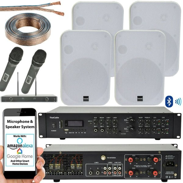 800W Bluetooth Sound System 4x White 200W Wall Speaker Amp Wireless Microphones