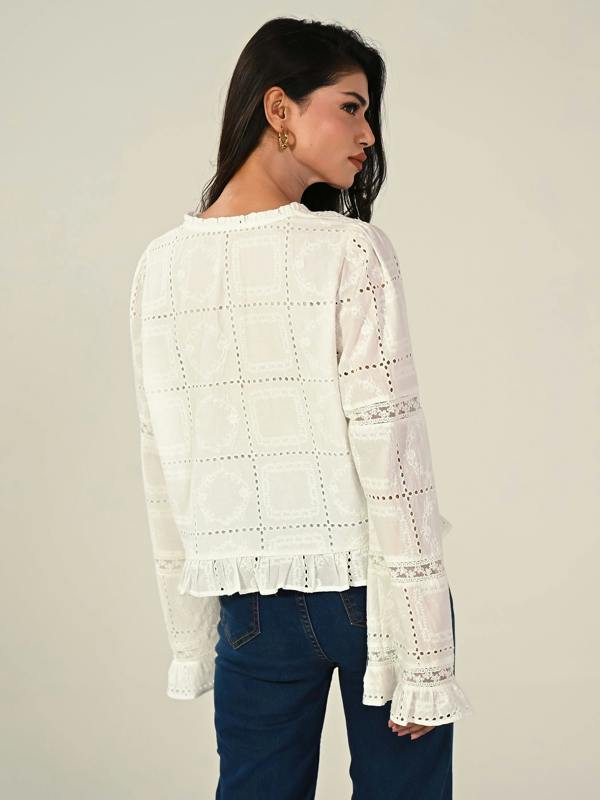 Rose & Nancy Abi Ivory Long Sleeve Embroidered Lace Blouse