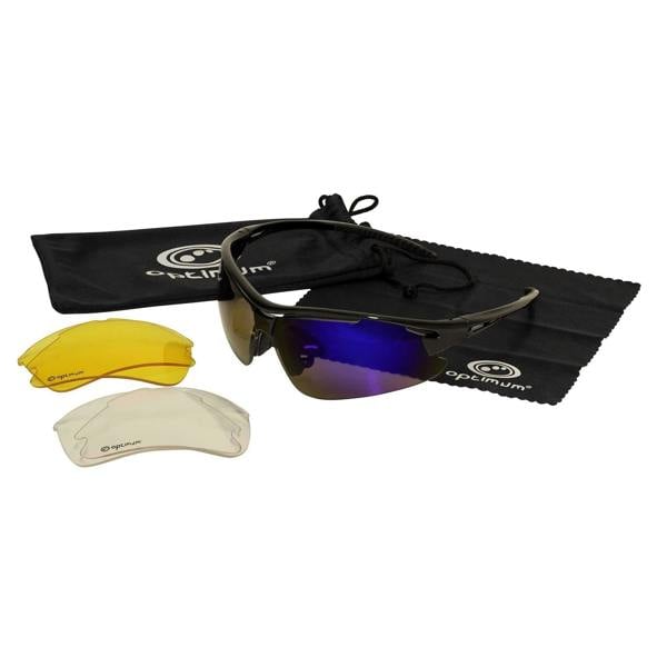 Black Optimum tri-lens sunglasses with blue mirrored lens, spare amber and clear lenses, pouch and cloth - Optimum