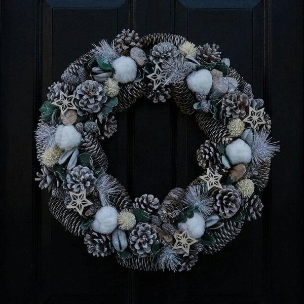 Garden Greatness Christmas Wreath with Natural Cones and White Pom Poms
