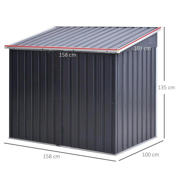 Black corrugated steel storage shelter with pitched roof; side view with size markings