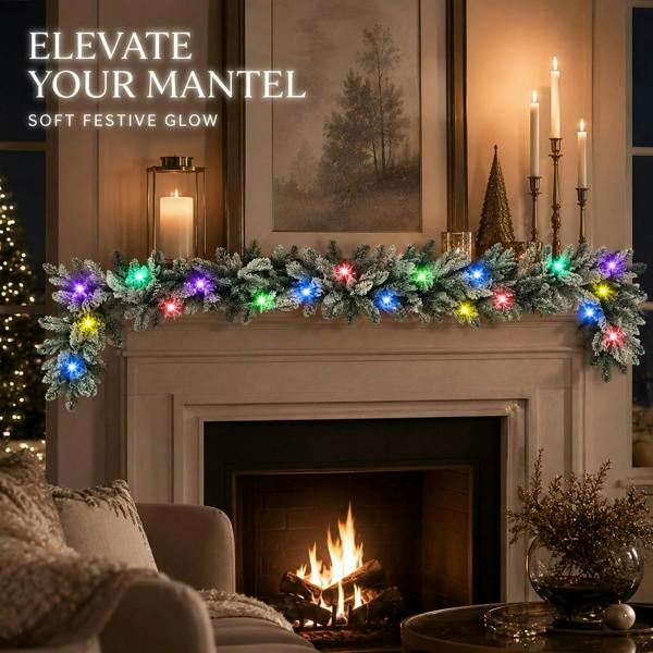 2m Snow Flock Pre-Lit Lapland Fir Christmas Garland with 50 Multicolour LEDs image 6