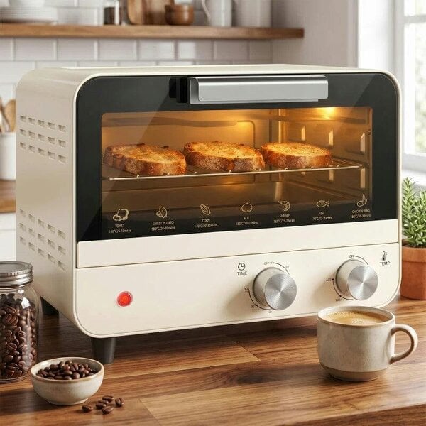 Mini Oven, Small Toaster Oven with Glass Door, Adjustable Temperature and Timer, Accessory Included, 750W, Cream White