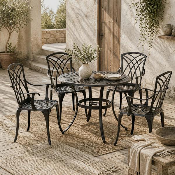 Wyld Haus Rohafa Brown Cast Aluminium Brown 4 Seater Garden Dining Set With Armchairs And Round Table