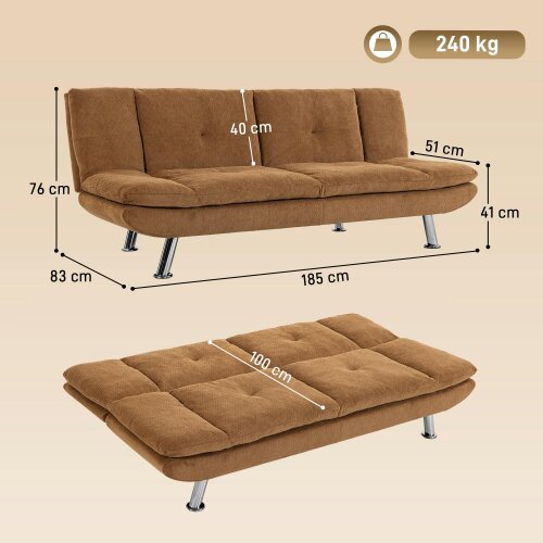 HOMCOM Sofa Bed, Chenille Fabric 3 Seater Futon Sofa Bed, Wide Seat, Brown