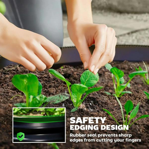 Dark grey raised garden bed edge with protective seal while planting seedlings