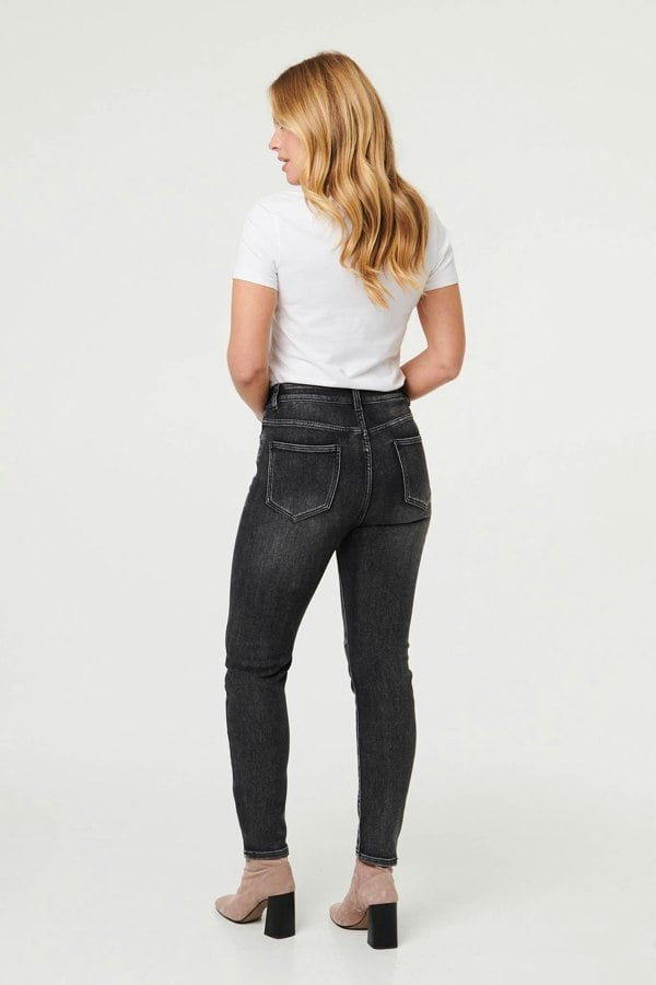 Black | High Waist Washed Texture Slim Jeans
