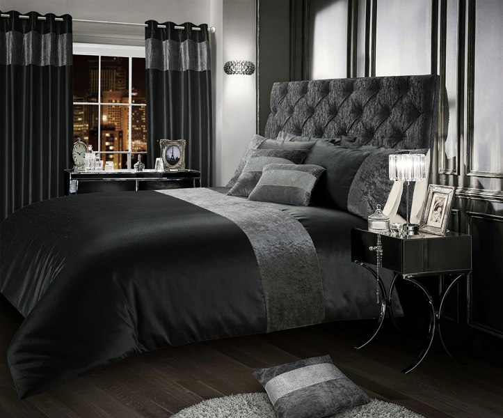 Intimates Crushed Velvet Luxury Bedding Set - King Size Duvet and Pillowcase Ensemble in Chic Charcoal with Button Enclosure