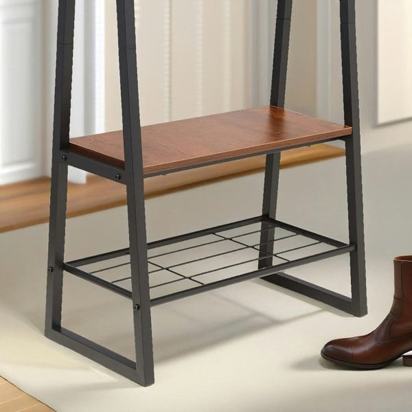 Rafaelo Mobilia Industrial Hall Tree Coat Rack Stand With 2 Shoe Storage Shelves Brown