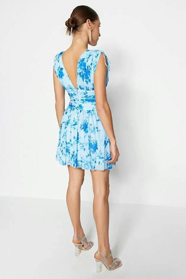 WOVCOR A-Line Floral Pattern Knitted Mini Elegant Evening Dress