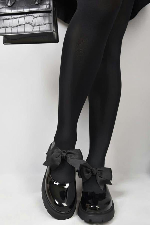 Taylee Chunky Sole Patent Ballet Flats With Bow Detail - Black