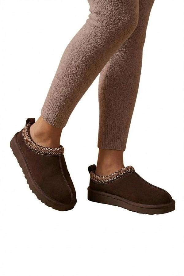 Ravina Chunky Slip On Suede Slippers With Stitch Detail - Brown_wb