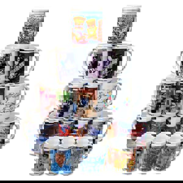 Stack of colorful sublimation mugs featuring varied photo and graphic designs.