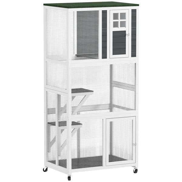White outdoor cat enclosure with wire mesh walls, hinged doors, and multiple interior platforms
