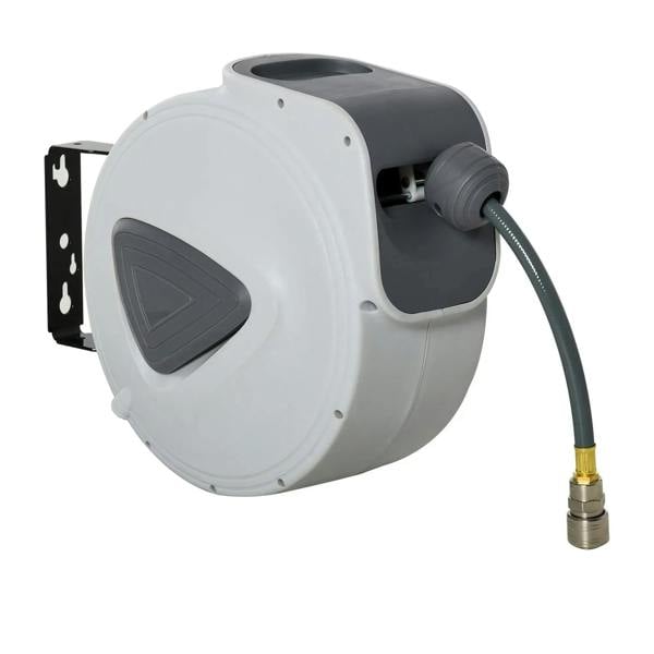Light gray wall-mounted retractable air hose reel with hose and brass connector
