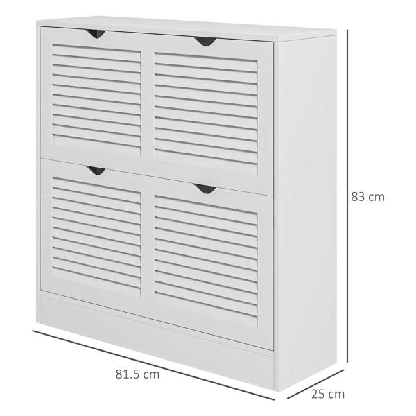 White louvered shoe cabinet with two stacked flip drawer doors and handle cutouts