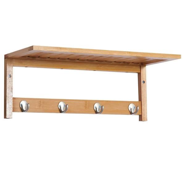 Wall-mounted wooden coat rack with 4 hooks and top storage shelf rail.