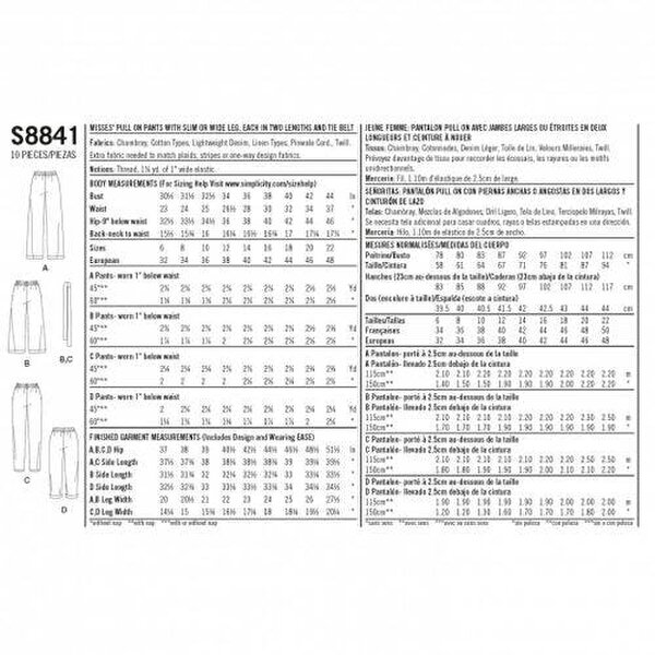 Simplicity Sewing Pattern 8841, Trousers for Women, R5 (14-16-18-20-22) - Easy