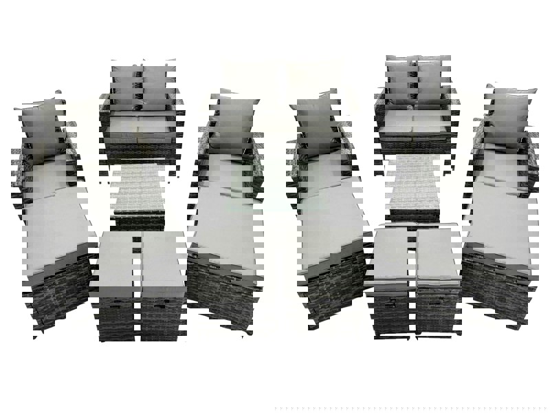 Fimous PE Rattan Garden Furniture Set Lounge Sofa Coffee Table Set with 4 Footstool - Dark Grey