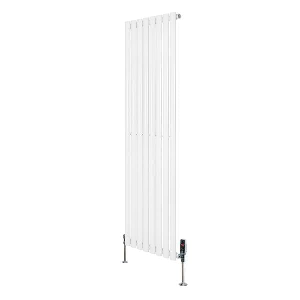 Oval single column radiator in white, measuring 1600mm x 480mm, featuring sleek vertical lines and modern valve design
