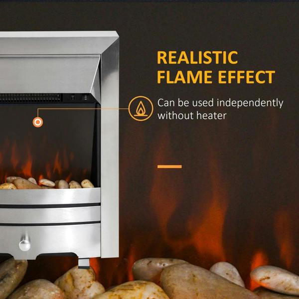 Stainless steel electric fireplace flame effect detail with pebble fuel bed