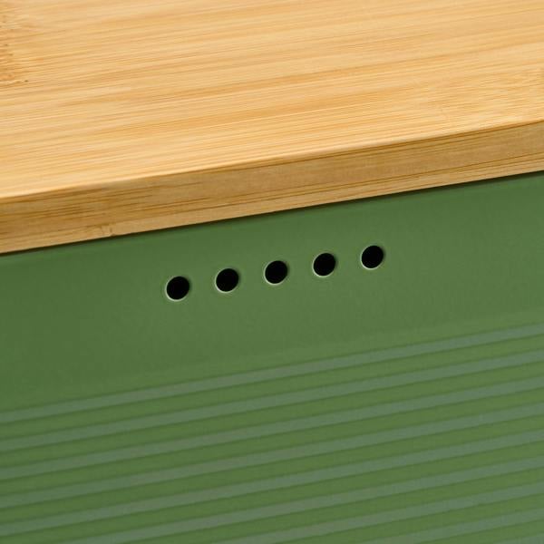 Cooks Professional Bread Bin, Linen Bag and Bamboo Board Set | Green / Silver