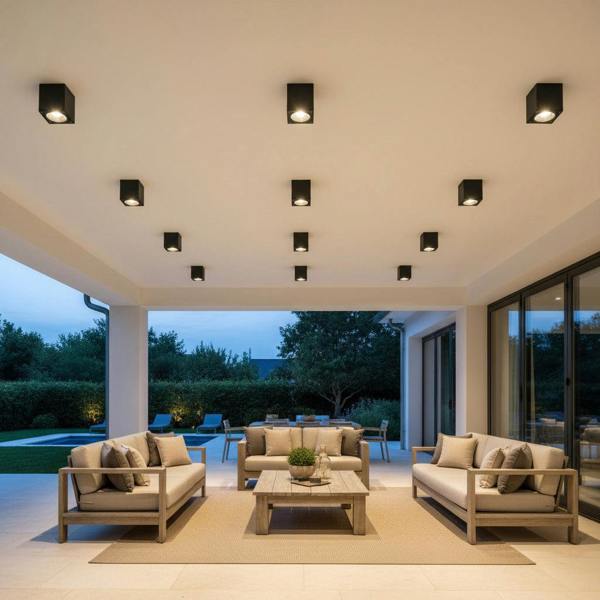 black outdoor soffit downlight mounted on a ceiling outside over a seating area