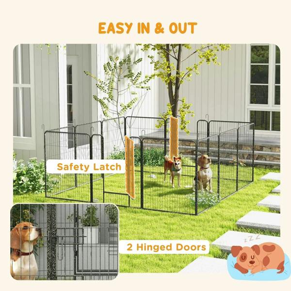 Grey puppy playpen with safety latch and two hinged doors, metal wire frame