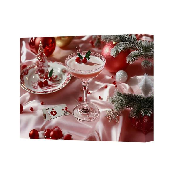 Benjamin Tate Design Pink Christmas Cocktail Scene Canvas Print With Holiday Decor