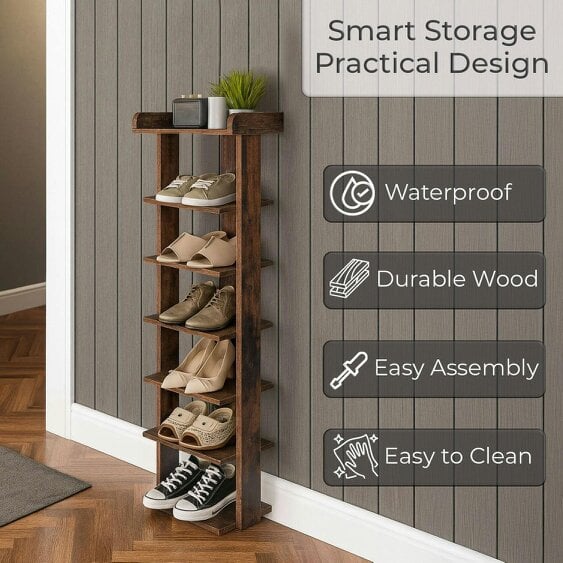 Neo Walnut 7 Tier Wooden Shoe Rack Slim