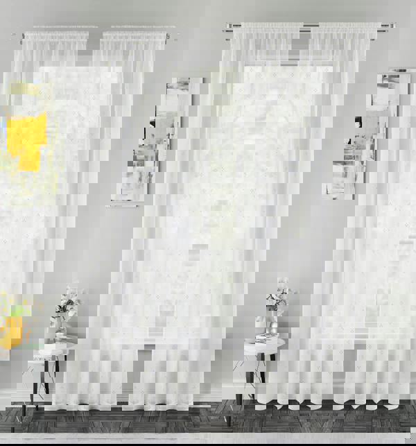 Tyrone Textiles Destiny Metallic Diamond Print On Sheer Linen Look Fabric with Rod Pocket Header - Ready To Hang