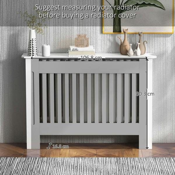 White radiator cover cabinet with vertical slat grill and open bottom space