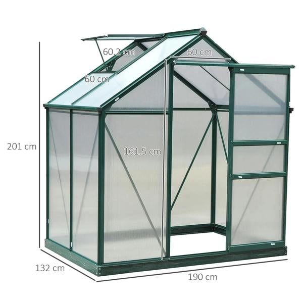 Dark green polycarbonate walk-in greenhouse with aluminum frame and storage shelves