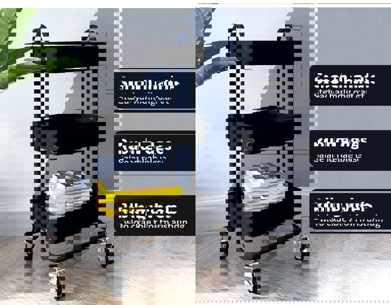 Levede 3 Tiers Kitchen Trolley Cart Steel Storage Rack Shelf Organiser Black