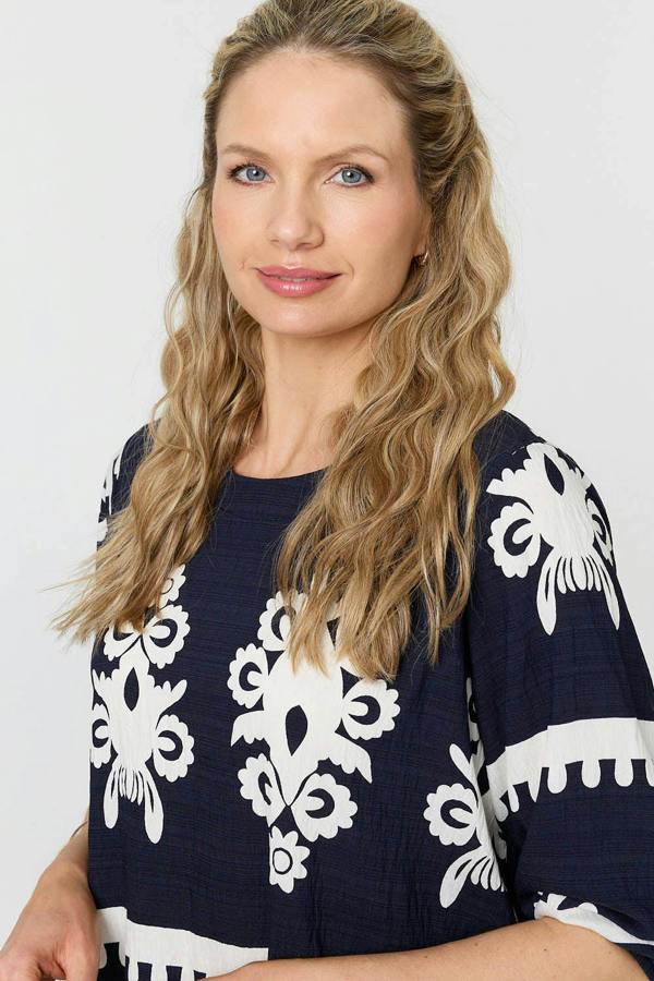 Navy | Ikat Print 3/4 Sleeve Blouse