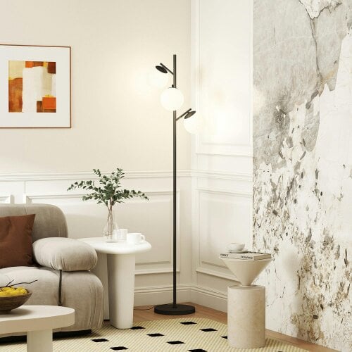 Wyld Haus Dorizi Metal Black 3 Light Tree Floor Lamp With Globe Shades And Steel Base