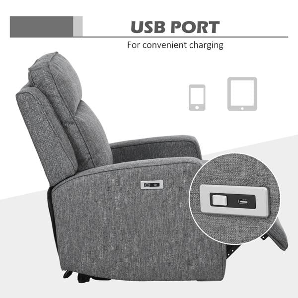 Charcoal grey electric recliner with USB port on armrest, side control button