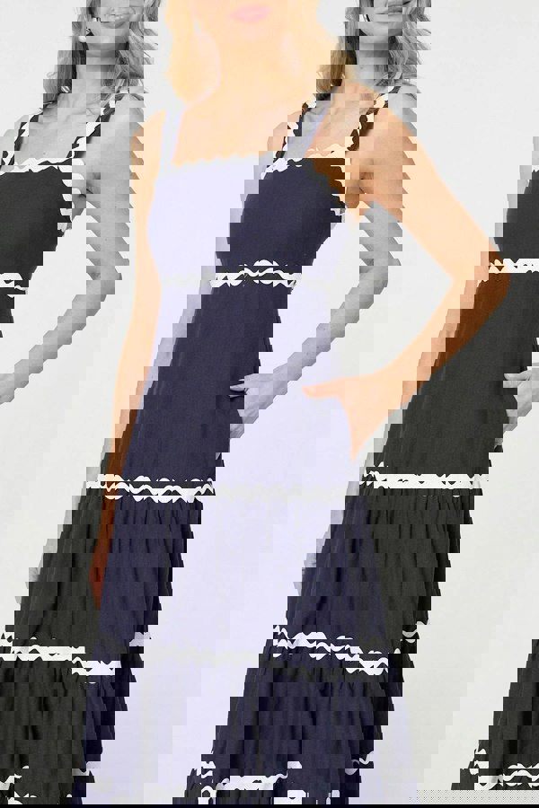 Navy | Zig Zag Trim Sleeveless Tiered Midi Dress
