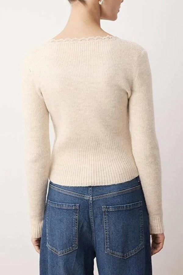 WOVCOR Crop Lace Garnish Square Neck Knit Cardigan