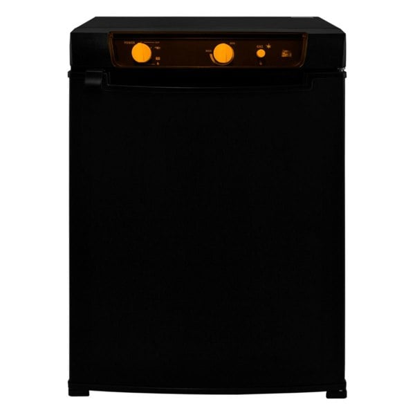 Compact black 3-way absorption fridge with a sleek design, featuring an orange control panel and two adjustable knobs for temperature settings