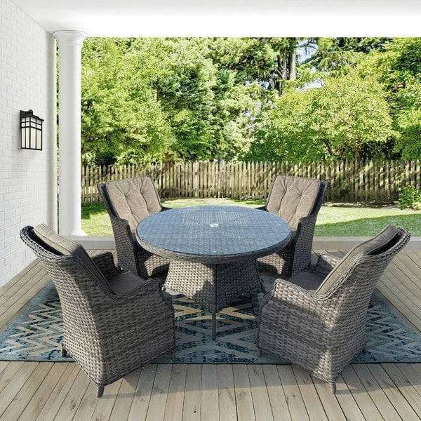 Furniture One 4 Seater Outdoor Rattan Dining Set, 5 pcs Luxury Wicker Dining Set with Soft Cushion Armchair, Tempered Glass Top Table