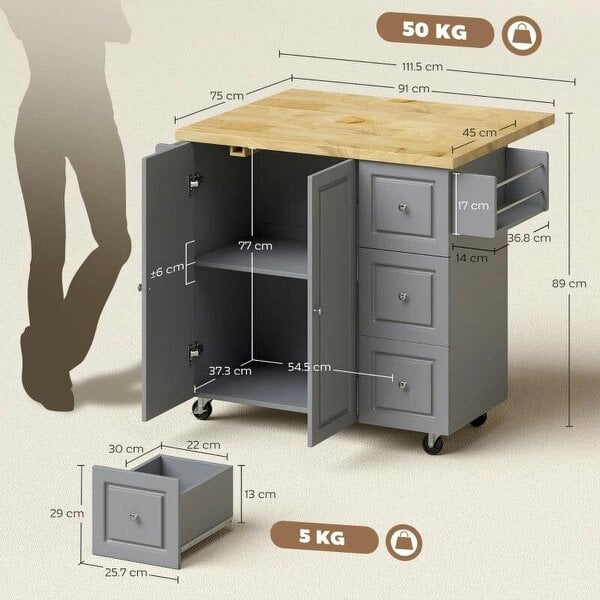 Kitchen Island on Wheels, Rolling Kitchen Storage Trolley with Drop Leaf, Drawers, Towel and Spice Rack, Grey