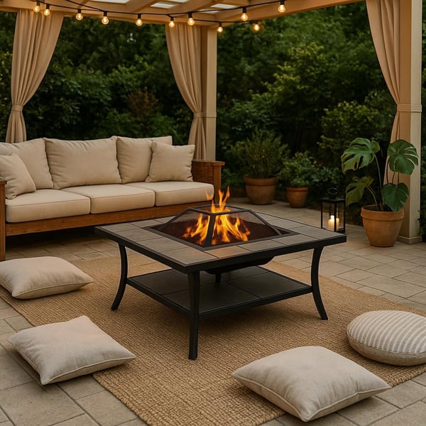 Centurion Supports SHANGO Premium Multi-Functional Black with Ceramic Tiles Outdoor Garden and Patio Square Heater Fire Pit Brazier and Outdoor Table