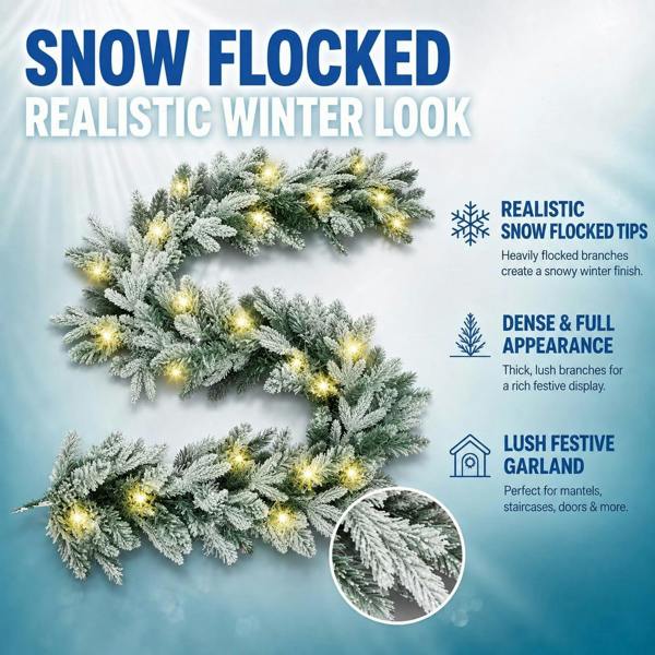 2m Pre-Lit Lapland Fir Christmas Wreath with 30 Warm White LEDs, Snow Flock Finish image 4