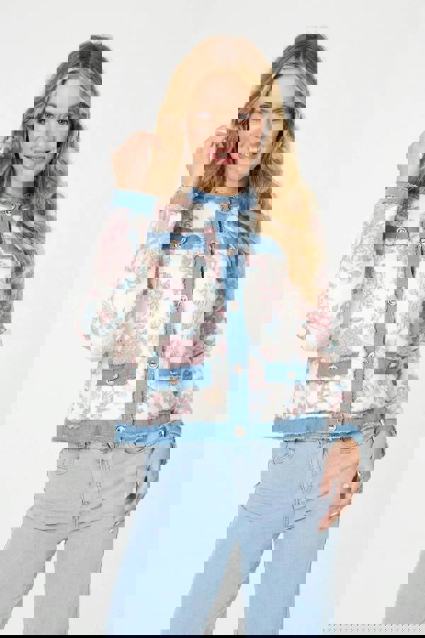 White | Floral Denim Trim Button Detail Jacket