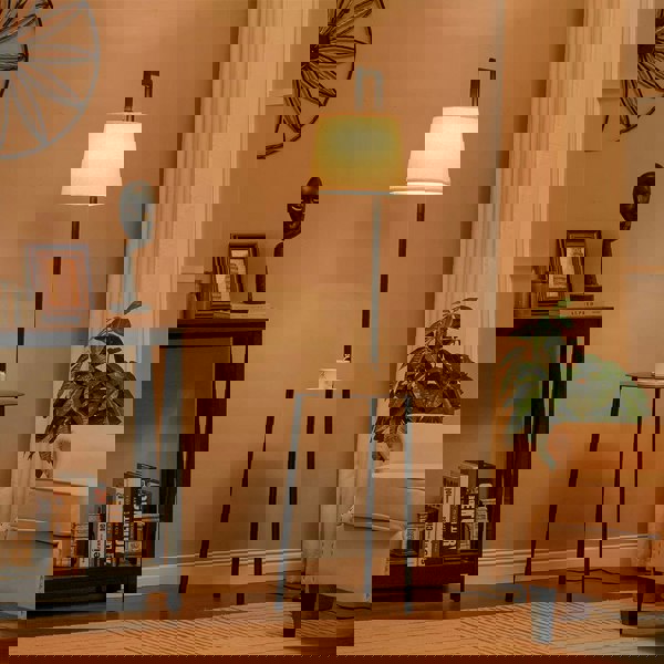 150cm H Metal Tray Table Floor Lamp with Linen Lampshade Floor Lamps Living and Home