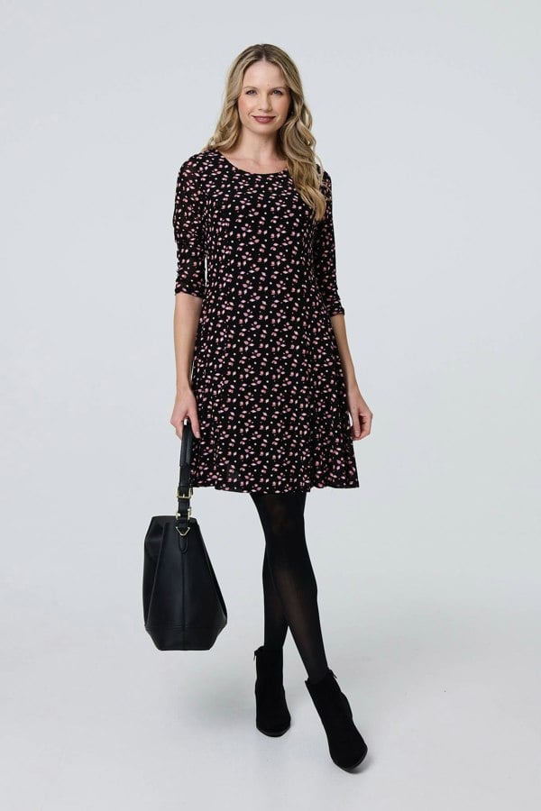 Pink | Ditsy Floral Lace 3/4 Sleeve Short Dress
