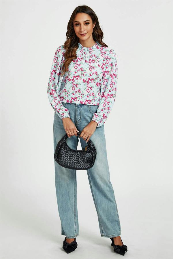 FS Collection Floral Print Frill Detail High Neck Top In Blue & Pink