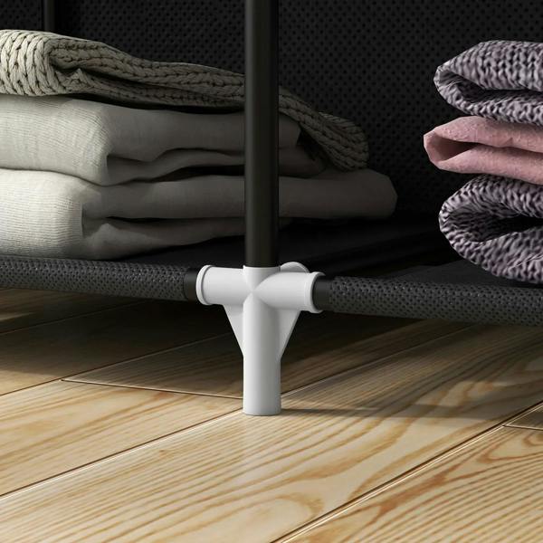Black fabric wardrobe base connector with vertical support bar and adjustable leg.