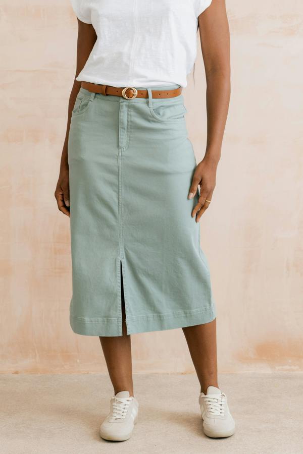 Morwenna Stretch Twill Midi Skirt Silver Sage